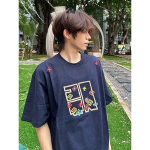 万针全刺绣工艺 高品质260克双纱纯棉美式高街短袖T恤 特P33图片