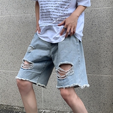 现货夏季薄款破洞毛边牛仔短裤男沙滩裤宽松休闲五分裤子K50-P35，男装牛仔裤，星座205