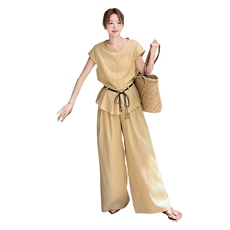 休闲气质棉麻阔腿裤套装女夏2025新款两件套韩系夏日ootd穿搭，女装套装/套裙，2C159
