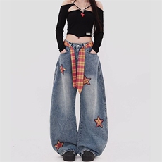 街头设计感阔腿牛仔裤女春秋季新款显瘦显高时尚宽松拖地牛仔裤潮，男装牛仔裤，星座1210-1