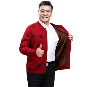 老年人羊毛衫男红外套爸妈情侣装加绒加厚本命年爷爷奶奶毛衣开衫图片