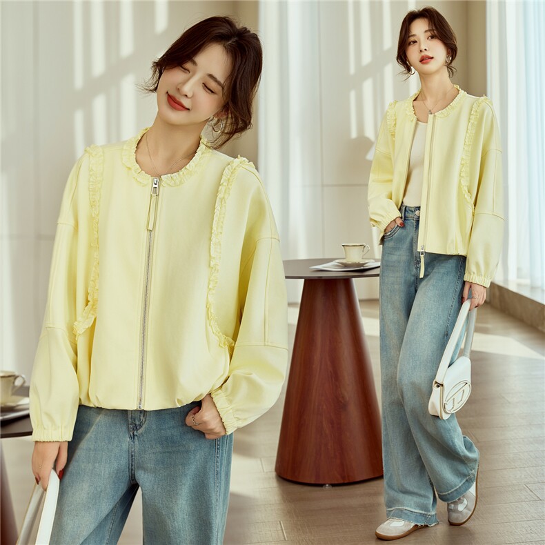 黄色小众设计木耳边圆领短外套女2026早春新款宽松休闲百搭夹克，女装短外套，梦懿尔