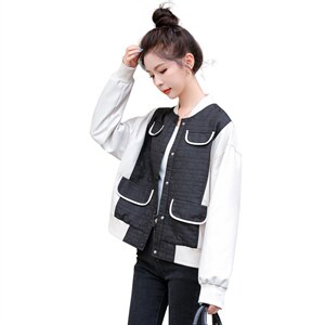 PU皮拼接假两件菱格棒球服女2022秋季新款时尚百搭纯色立领短外套图片
