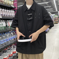 港风复古宽松版工装衬衫短袖夏季薄外套大口袋衬衣CS02231-P45，男装衬衫，星座308B-2