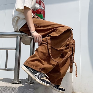 夏季绑带设计感口袋宽松阔腿裤男复古坠感拖地工装长裤 K6074-P36图片