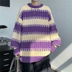 撞色条纹毛衣男女秋冬季潮牌宽松设计感圆领针织衫慵懒风情侣外套，男装针织衫/毛衣，星座506A