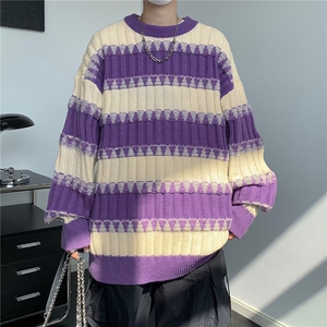 撞色条纹毛衣男女秋冬季潮牌宽松设计感圆领针织衫慵懒风情侣外套图片