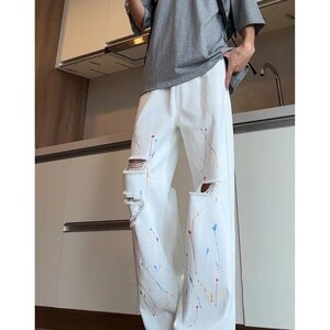 泼墨破洞牛仔裤男款秋季潮牌痞帅炸街裤子美式高街直筒微喇裤图片