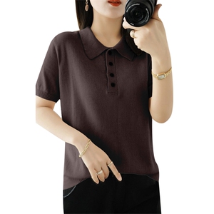 针织衫薄款宽松短袖打底衫女Polo领纽扣内搭上衣图片