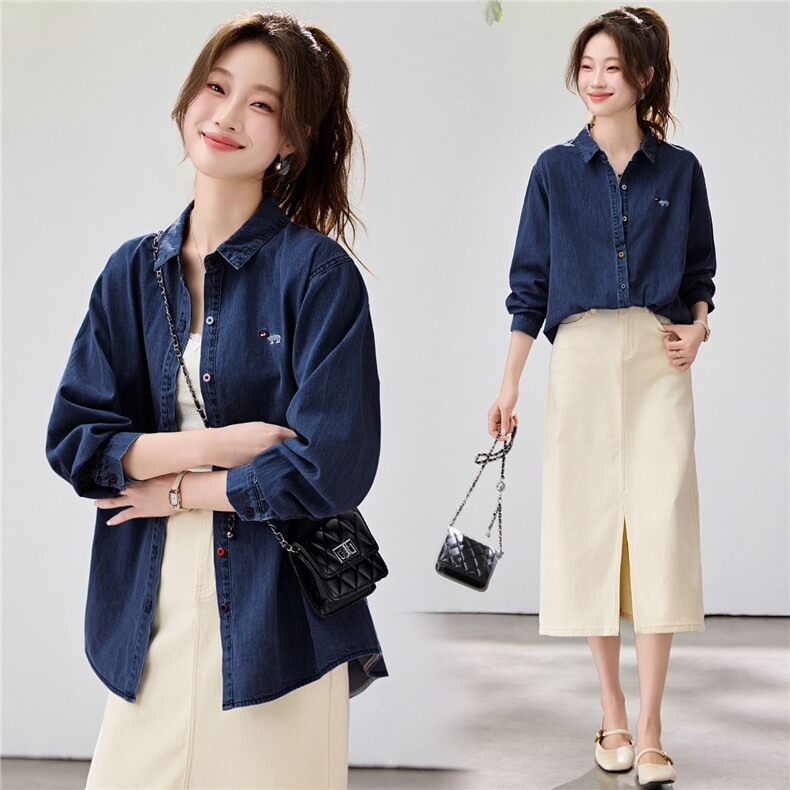 韩系松弛感牛仔衬衫女2026春款刺绣彩扣叠穿百搭长袖上衣宽松显瘦，女装衬衫，艾米