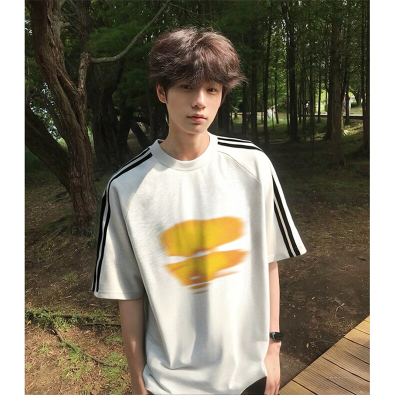 抖音得物高品质二开240克宽松纯棉美式潮牌三条杠织带短袖T恤，男装T恤，电商A486