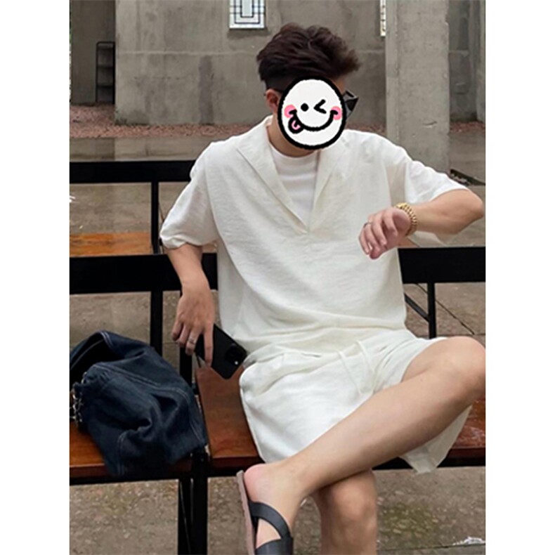 老钱风假两件亚麻套装男款夏季薄款短袖短裤天丝棉麻一整套穿搭潮,男装休闲套装,电商A001-1
