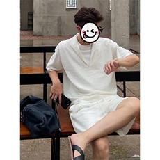 老钱风假两件亚麻套装男款夏季薄款短袖短裤天丝棉麻一整套穿搭潮，男装休闲套装，电商A001-1