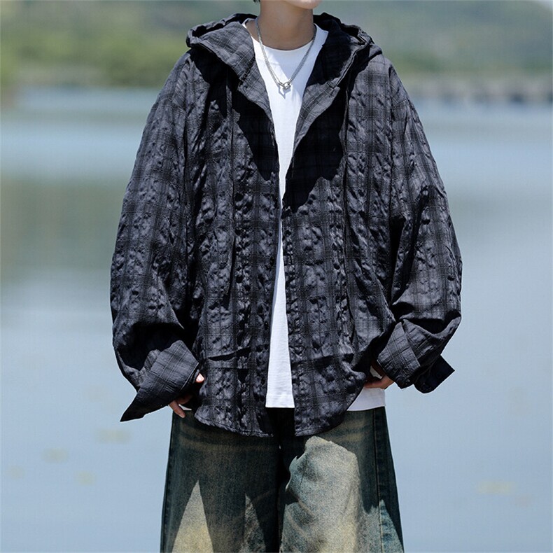 廓形防晒衬衫男夏季长袖冰丝薄款亚麻格子衬衣开衫外套CS29006P48图片