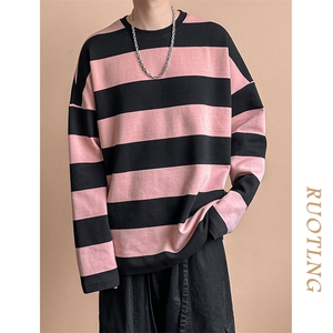 春秋现货高品质潮牌卫衣98.4%棉粉色条纹上衣宽松A351-AW2514-P75图片