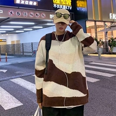 日系复古拼色毛衣男秋季宽松软糯线衣外套百搭情侣针织衫1350-P50，男装针织衫/毛衣，星座910-5