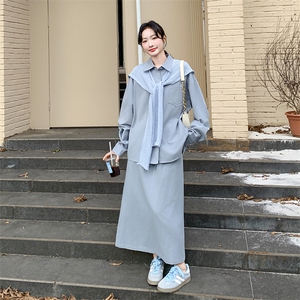 慵懒松弛感蓝色披肩衬衫套装裙女2025春季新款学院风半身裙两件套图片