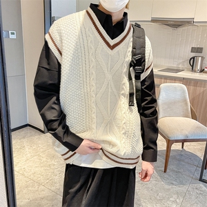 港风秋冬款男V领套头毛衣提花针织衫背心条纹打底外套M6009 P45图片