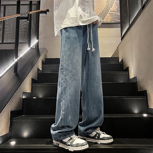 特批P38无差价夏秋衔接水洗阔腿牛仔裤男设计感潮拖地长裤N9087B图片