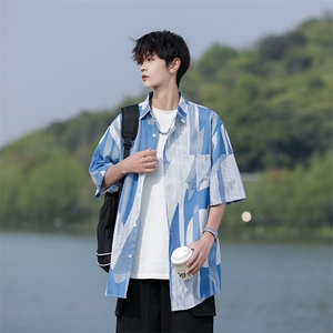 C06-P30 M-7XL夏季新款大码潮牌印花短袖衬衫衬衣 控58图片