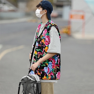 MJ03大花休闲口袋风盘扣马甲大码花坎肩团队服喜庆婚礼服潮男图片