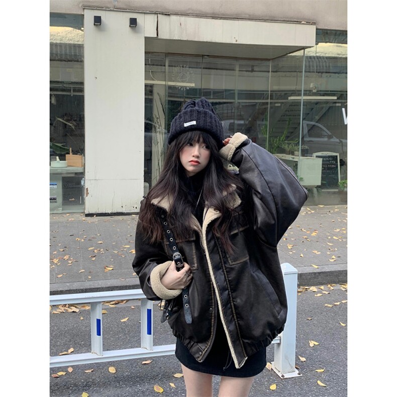 Cuitcuit秋冬pu面美拉德翻领皮夹克美式复古宽松加厚羊羔绒棉服,男装棉衣,星座506A