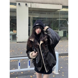 Cuitcuit 秋冬pu面美拉德翻领皮夹克美式复古宽松加厚羊羔绒棉服图片