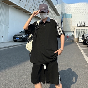 夏季新款现货主推大码港风情侣冰丝宽松日系休闲套装男S19P65图片