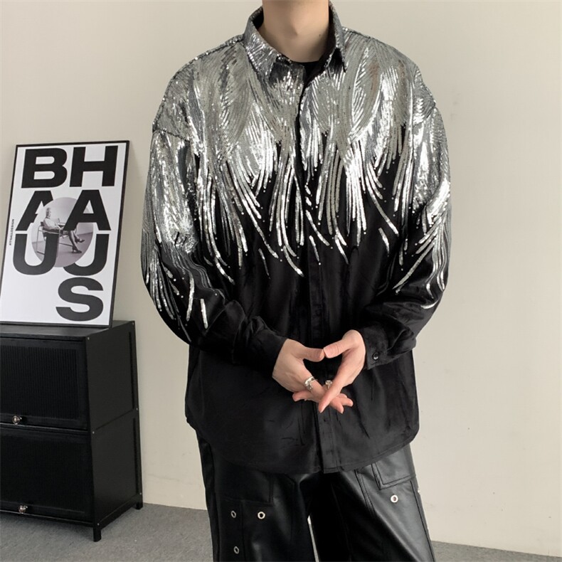 春季小众设计感夜店网红炸街刺绣亮片丝绒衬衣男长袖衬衫宽松个性，男装衬衫，星座909