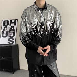 春季小众设计感夜店网红炸街刺绣亮片丝绒衬衣男长袖衬衫宽松个性图片