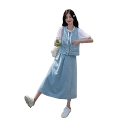 韩系休闲浅蓝色牛仔套装裙2025夏季新款简约马甲T恤半身裙三件套，女装套装/套裙，吉娜