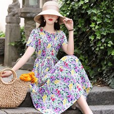 2021年夏季欣贝拉新款印花小碎花中长款棉麻连衣裙，女装连衣裙，欣贝拉
