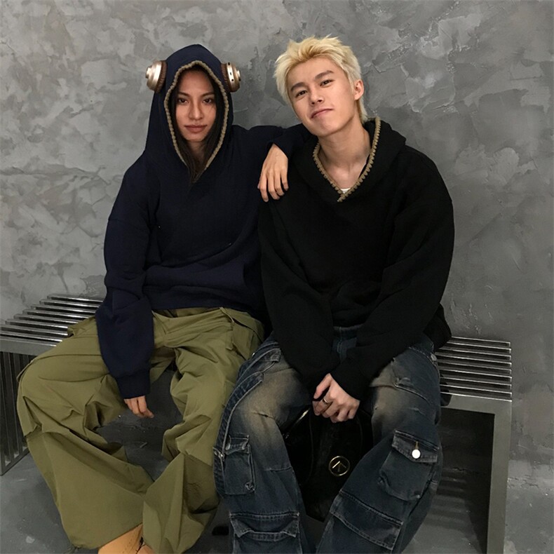 抖音得物高品质二开25秋冬美式重磅宽松纯色连帽贝壳刺绣卫衣W63,男装卫衣,电商A486