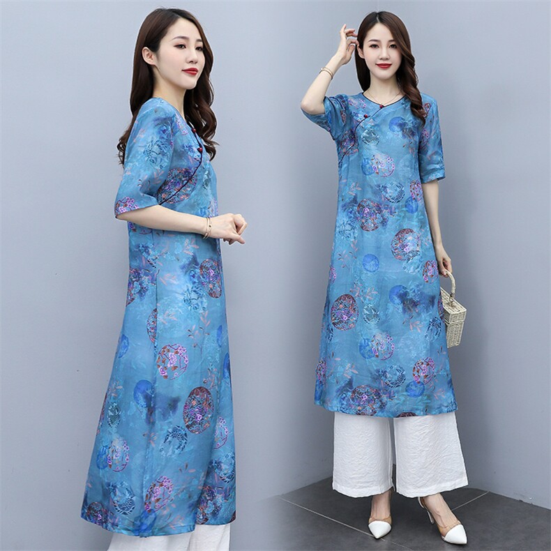 芷墨夏装新款时尚印花复古蓝色单上衣，女装蕾丝衫/雪纺衫，天丽