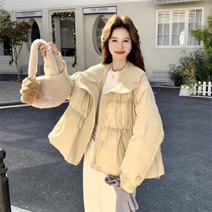 针织拼接杏色泡芙羽绒服女冬2025年超火好看高级小众短款加厚外套图片