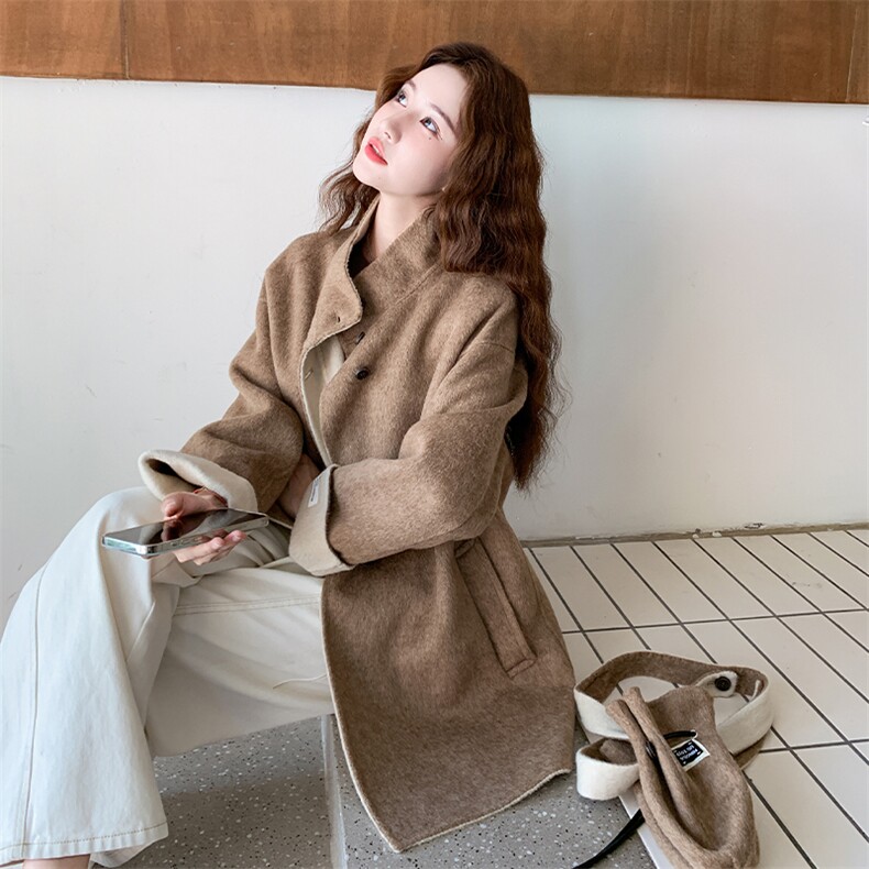2025年冬季新宽松休闲日系双面呢羊毛大衣女时尚百搭氛围感呢外套,女装羊绒大衣,2D034