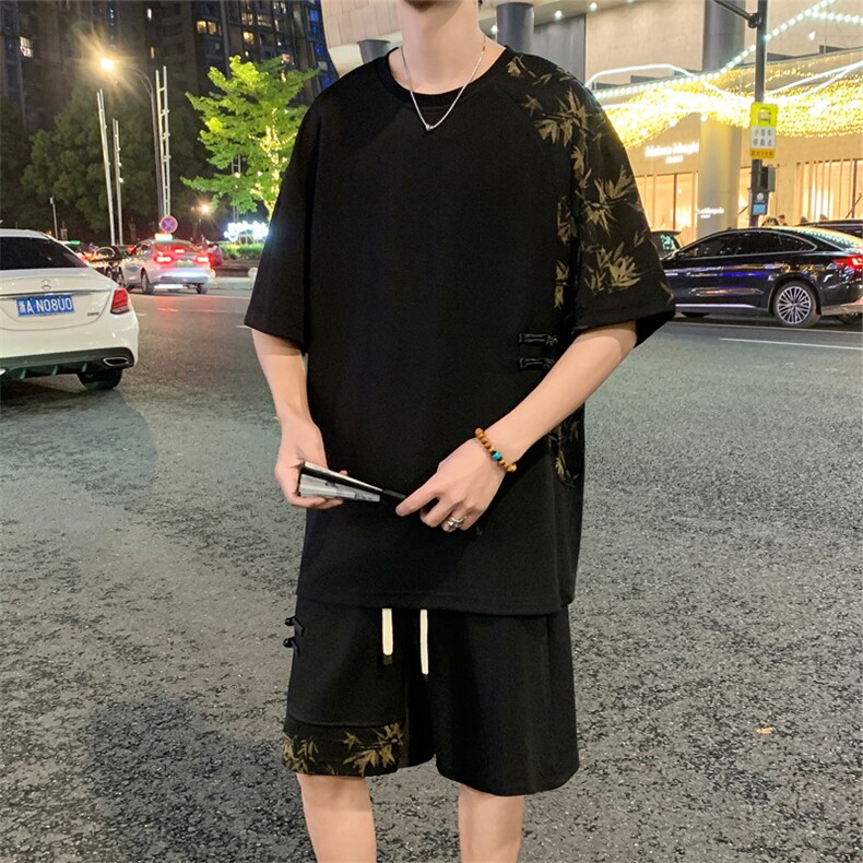 夏季新风冰丝垂感拼色T恤宽松休闲五分裤套装男TZ622-P69控118图片