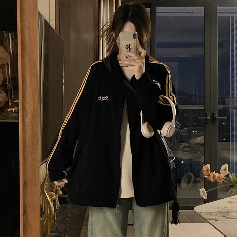 A402-P80复古三条杠立领外套卫衣春秋宽松开衫设计感拉链上衣,女装短外套,星座911