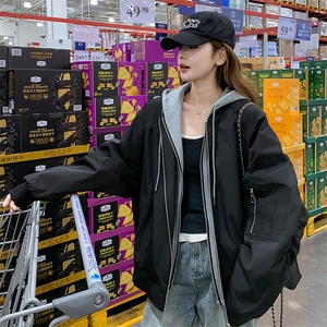 黑色休闲连帽棒球服外套女2025开春新款假两件设计感工装夹克上衣图片
