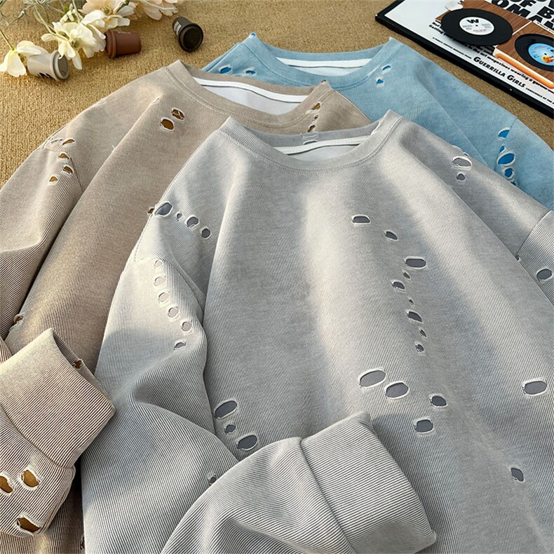 美式破洞长袖圆领卫衣休闲宽松日常基础款男W4676-P48【特价】，男装卫衣，电商A007