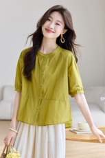 现货2025夏季新款宽松显瘦遮肚子单排扣圆领上衣透气衬衣，女装衬衫，木子恋
