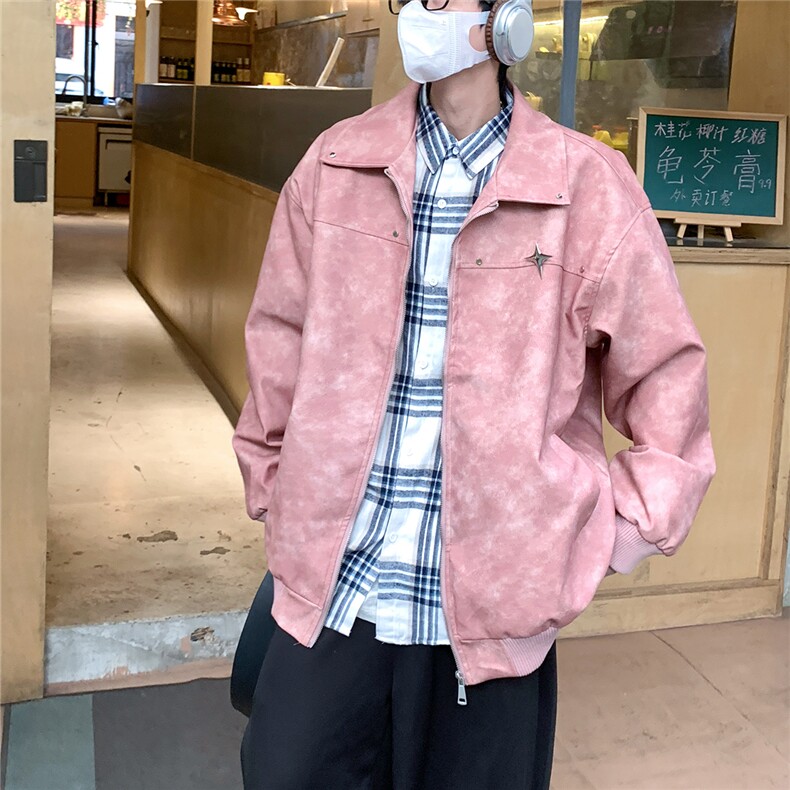 2025秋冬装做旧面料金属别针PU皮衣夹克外套PY777/特P60粉色,男装夹克,电商A094