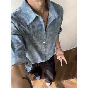 牛仔衬衫男生五分袖中袖牛仔衣KD582-P65图片