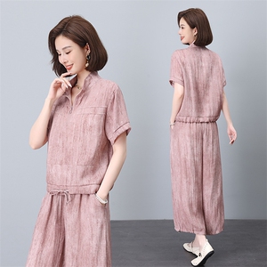 妈妈夏季天丝套装女2025新款时尚休闲宽松洋气减龄显瘦遮肉两件套，女装套装/套裙，雪樱依海