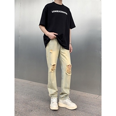 B221美式ins高街暗黑小众直筒破洞牛仔裤LK23056-P60控78，男装牛仔裤，电商B221