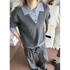 春秋减龄拼接POLO领假两件长袖T恤上衣女修身显瘦打底衫M278，男装T恤，星座1116A（原606A-3）