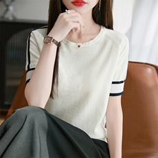 2025新款纯棉圆领袖子线条短袖，女装T恤，秋双羊绒