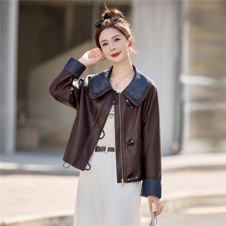 【春季女装新款】大量现货牛仔相拼短款皮衣外套P125-K210，女装皮衣，简古