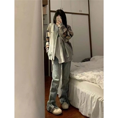 设计感分割开叉调节牛仔裤男女欧美式高街vibe风直筒喇叭潮裤子潮，男装牛仔裤，星座506A