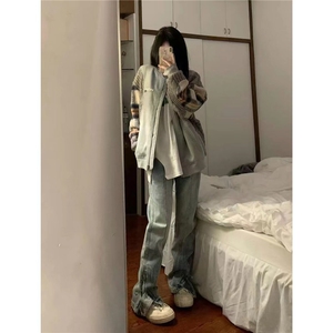 设计感分割开叉调节牛仔裤男女欧美式高街vibe风直筒喇叭潮裤子潮图片
